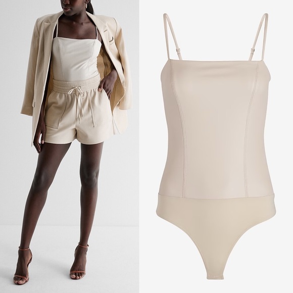 Express Body Contour Faux Leather Cami Bodysuit in Sandshell 2610 - Picture 1 of 13